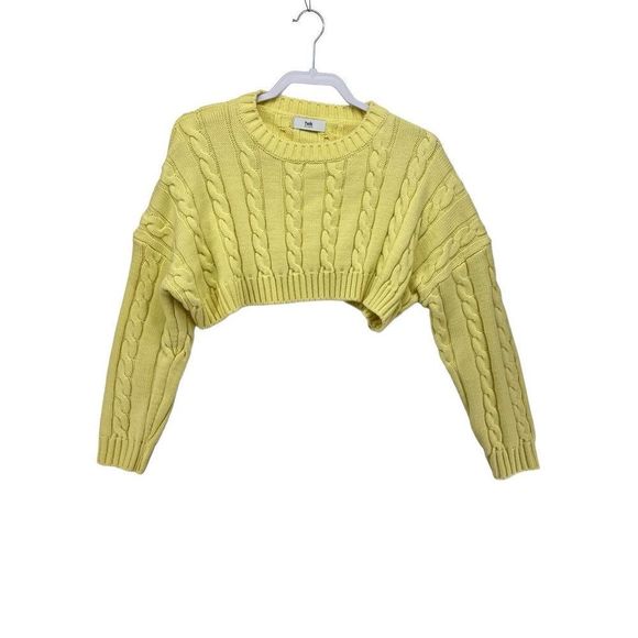 twik Sweaters - Twik Cropped Knit Sweater Cableknit O/S Pastel Yellow Crewneck Pullover Academia